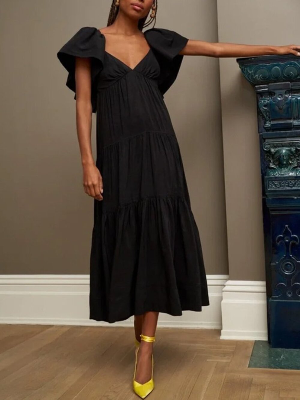 La Ligne Stella Black Open Back Vneck Tiered Midi Dress Size L